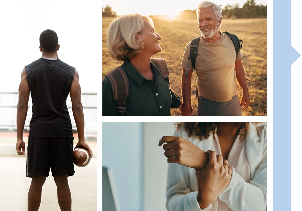 A photo grid of 3 photos. One of an older couple hiking, on of a woman holding her wrist, one of a football player.