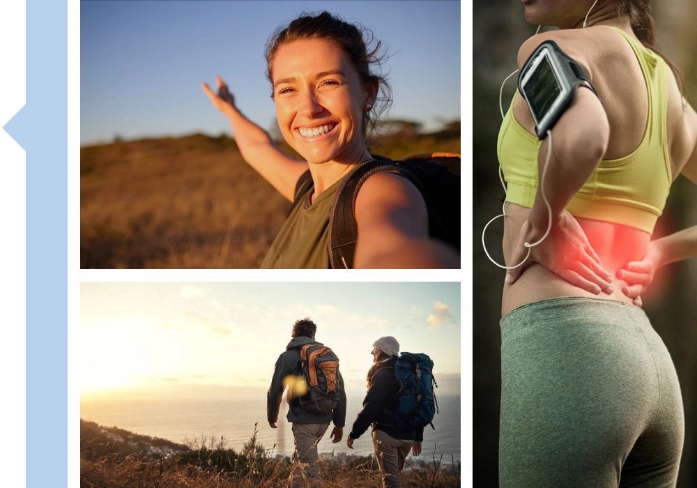 A photo grid of 3 photos. One of a couple hiking, one of a woman smiling outside, one of a runner with low back pain.